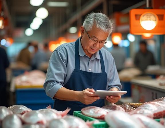 活気ある市場で新鮮な魚を見つめ、タブレットを操作する株式会社田中水産の田中健一代表取締役。