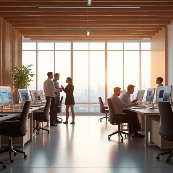 和の要素を取り入れたモダンなオフィスでデータについて議論する専門家たち